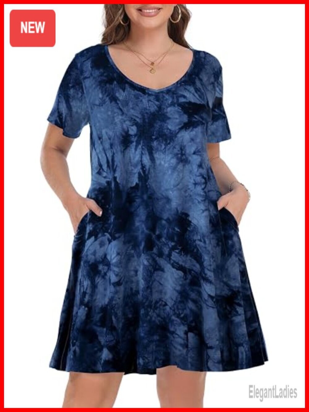 Plus Size Midi Sundress V-Neck Short Sleeve A-Line with Pockets